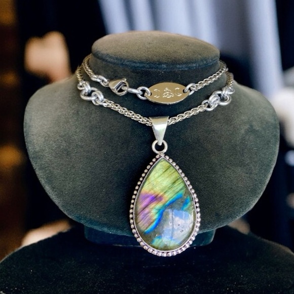 925 Sterling silver overlay iridescent rainbow pink blue labradorite necklace - Picture 11 of 14